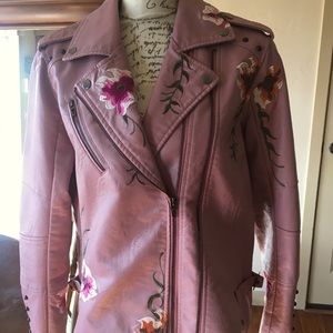 Pink embroidered leather biker style jacket